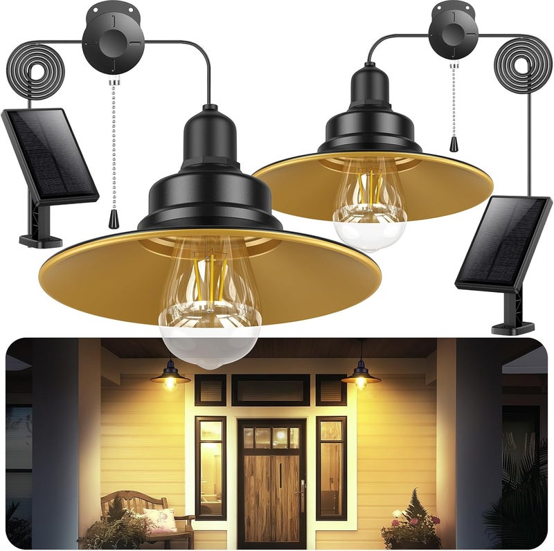 FabStyl Solar Pendant Light Indoor Outdoor, Solar Shed Light IP65 Waterproof Metal Powered Chandelier, Gazebo Lights with Pull Cord for Garden, Chicken Coop, Gazebo, Barn, 2 Packs - Image 1
